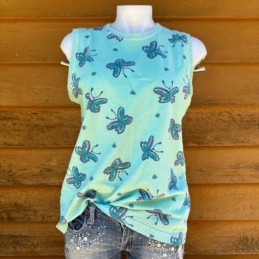 Vintage Zip Code Teal Purple Butterfly USA Muscle Tank Top Size L